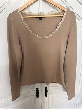 Vintage Y2K Esprit Taupe Lace Trim Scoop Neck Long Sleeve Basic Top Size M